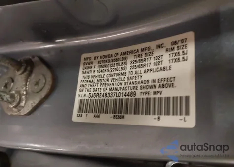 2007 Honda Cr-V Lx from USA, damaged, VIN 5J6RE48337L014489